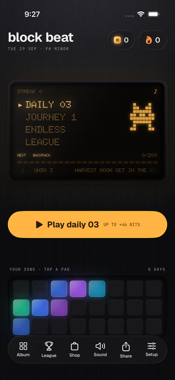 Block Beat home screen with the amber menu screen and your song on the pads