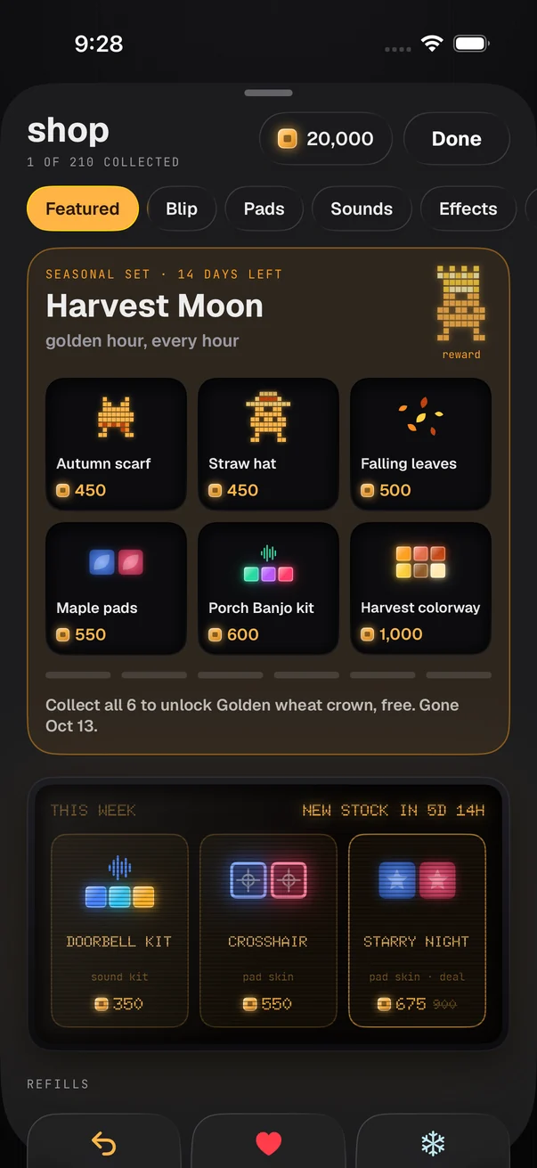 The Block Beat shop with outfits, pad skins and sound kits